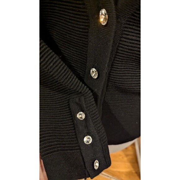 Black Ribbed Knit Cardigan Sweater Rhinestone‎ Buttons Elegant Classic - Picture 3 of 6